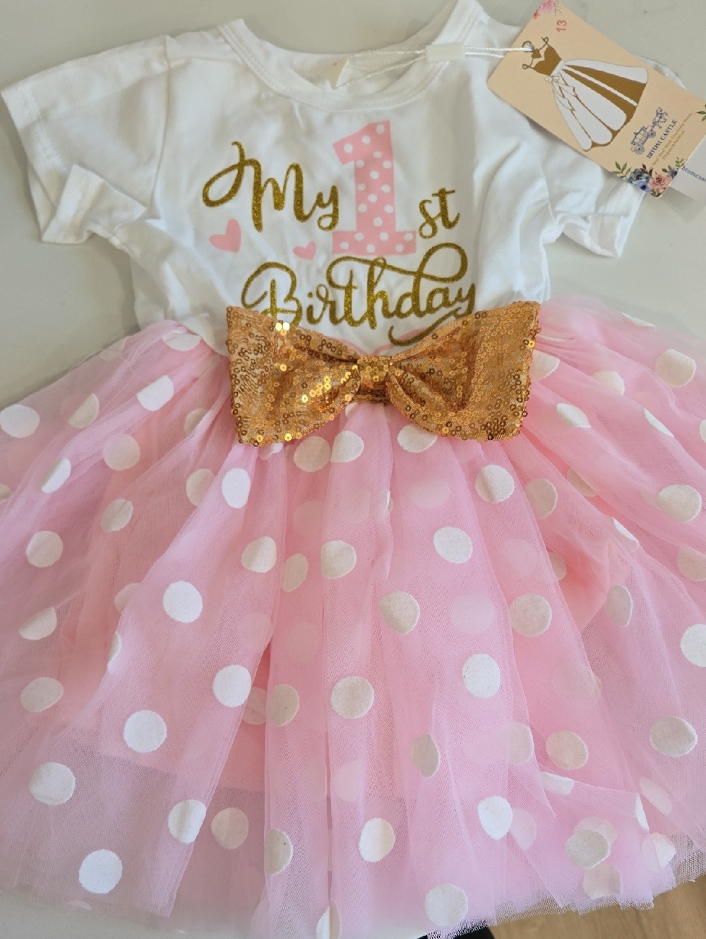 My 1st Birthday Pink Polka Dot Tutu Dress with Gold Bow